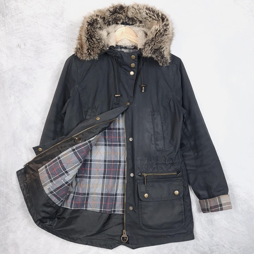 Barbour Jacket Womens 4 Black Waxed Fur Hood Parka Tartan Plaid Lined Kelsall